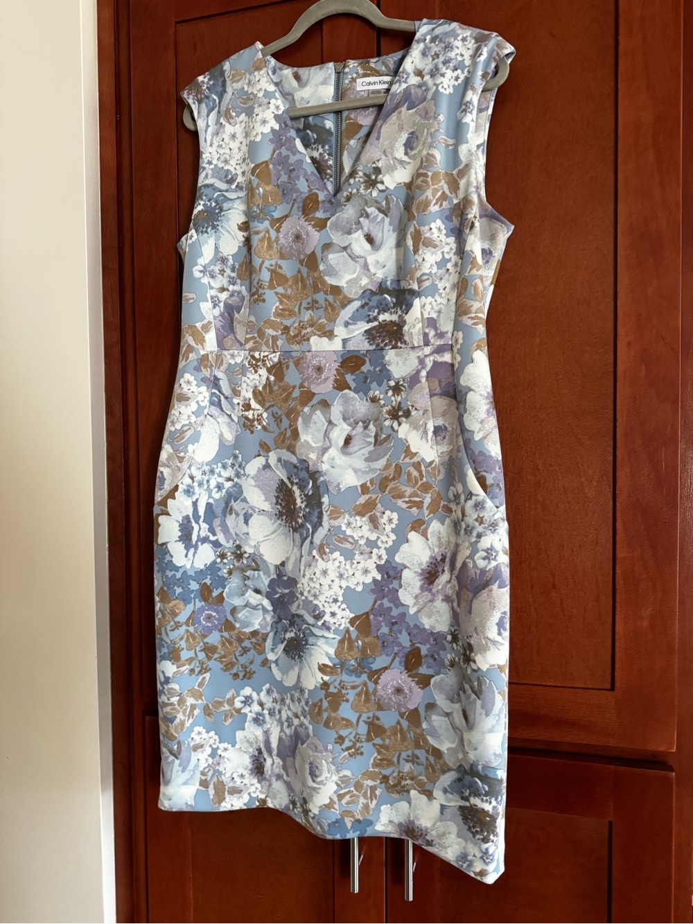 Calvin Klein Pastel Floral V-Neck Sheath Dress in Blue, Lavender, Cream, Gold - Picture 2 of 6